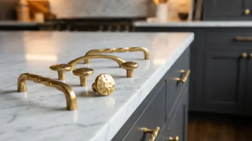 Brass cabinet handles on white marble countertop in modern kitchen setting