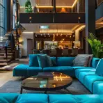 Luxurious open-plan living room with blue sectional sofa, glass coffee table, and modern staircase