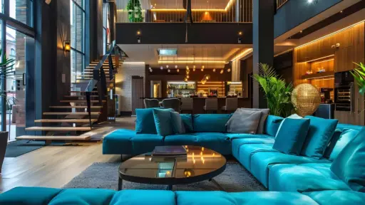 Luxurious open-plan living room with blue sectional sofa, glass coffee table, and modern staircase