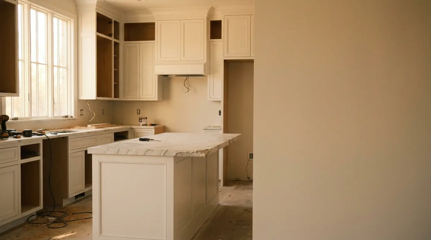 Unfinished kitchen renovation with white cabinets and marble island under natural light