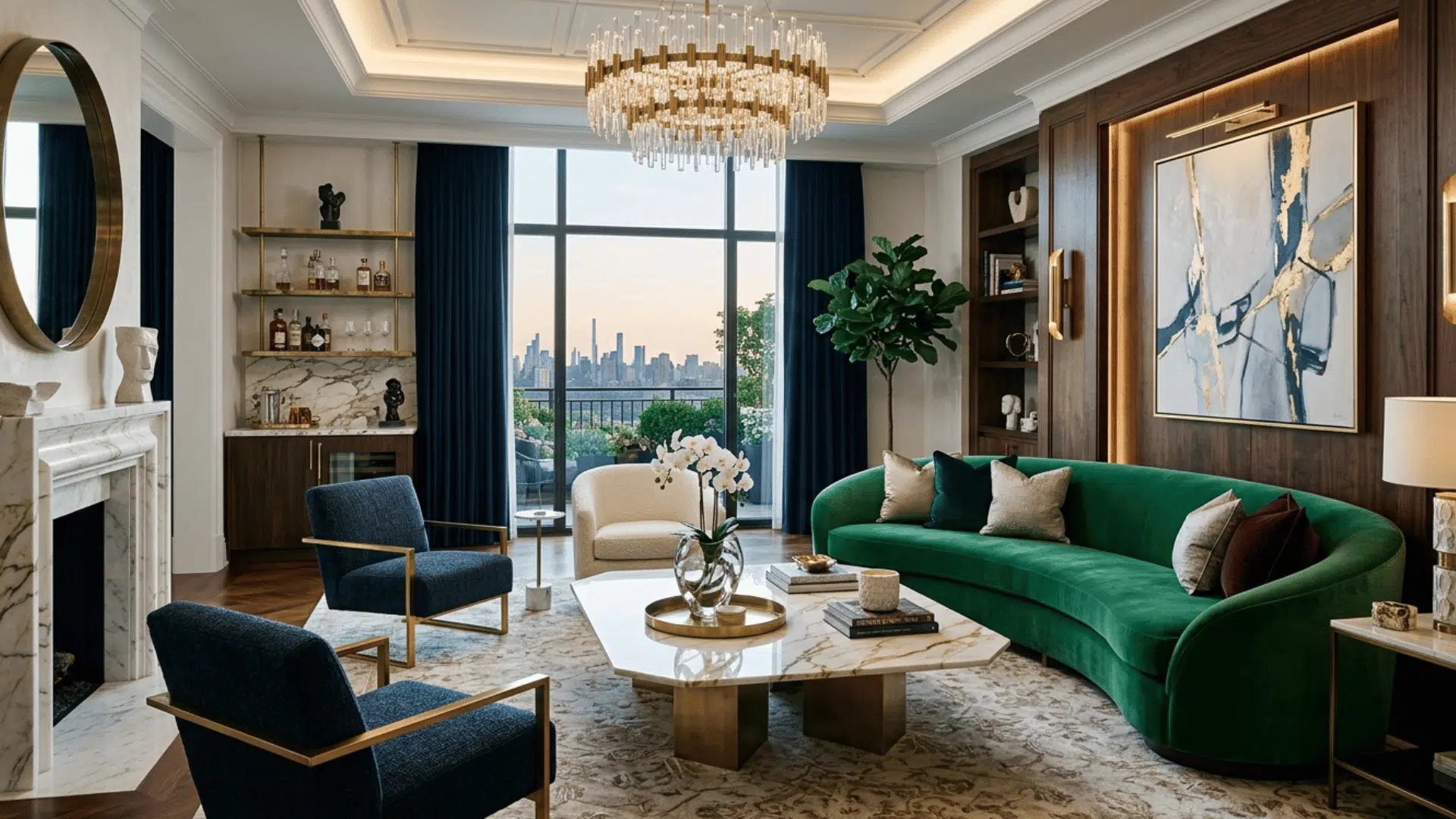 luxury living room with marble accents, chandelier, velvet sofa, and city view.