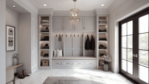 luxury modern mud room with built in bench, custom cabinets, open shelving, and soft neutral tones with natural light