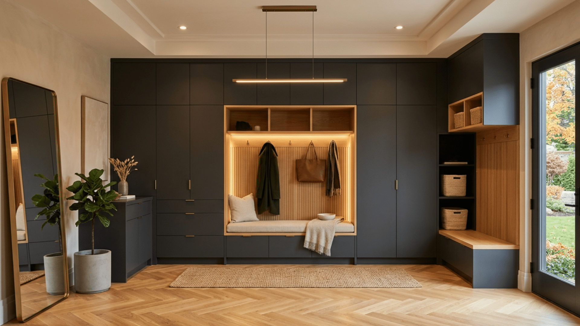luxury modern mud room with floor to ceiling cabinets and hidden storage