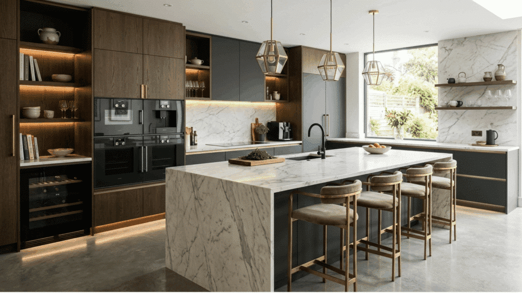luxury modular kitchen design with premium finishes stone countertops and high-end fittings throughout