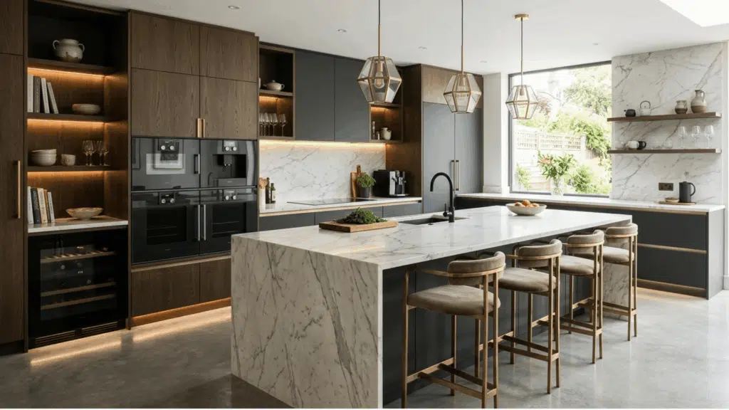 luxury modular kitchen design with premium finishes stone countertops and high-end fittings throughout