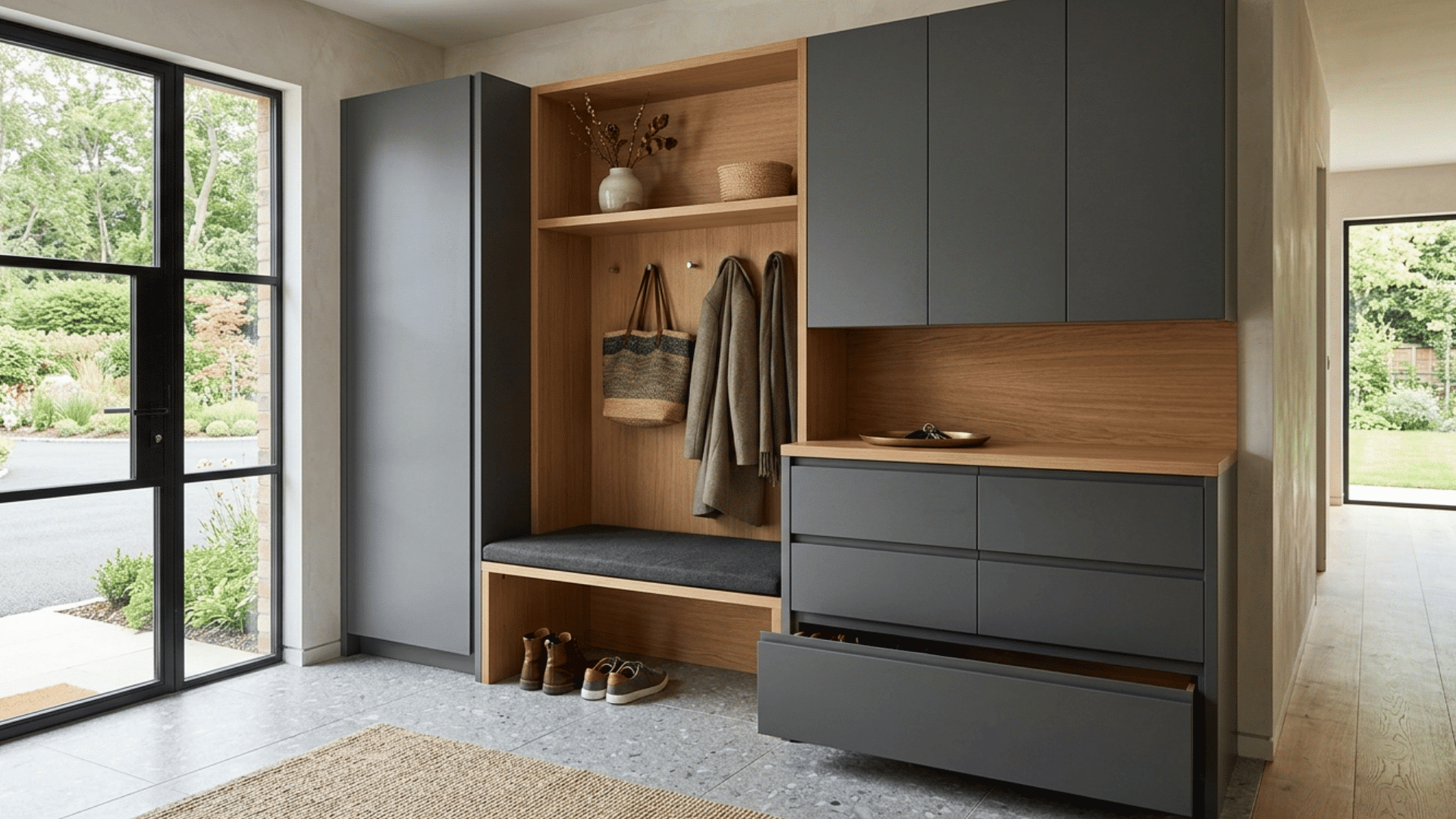 luxury mud room cabinets with soft close drawers and clean finish