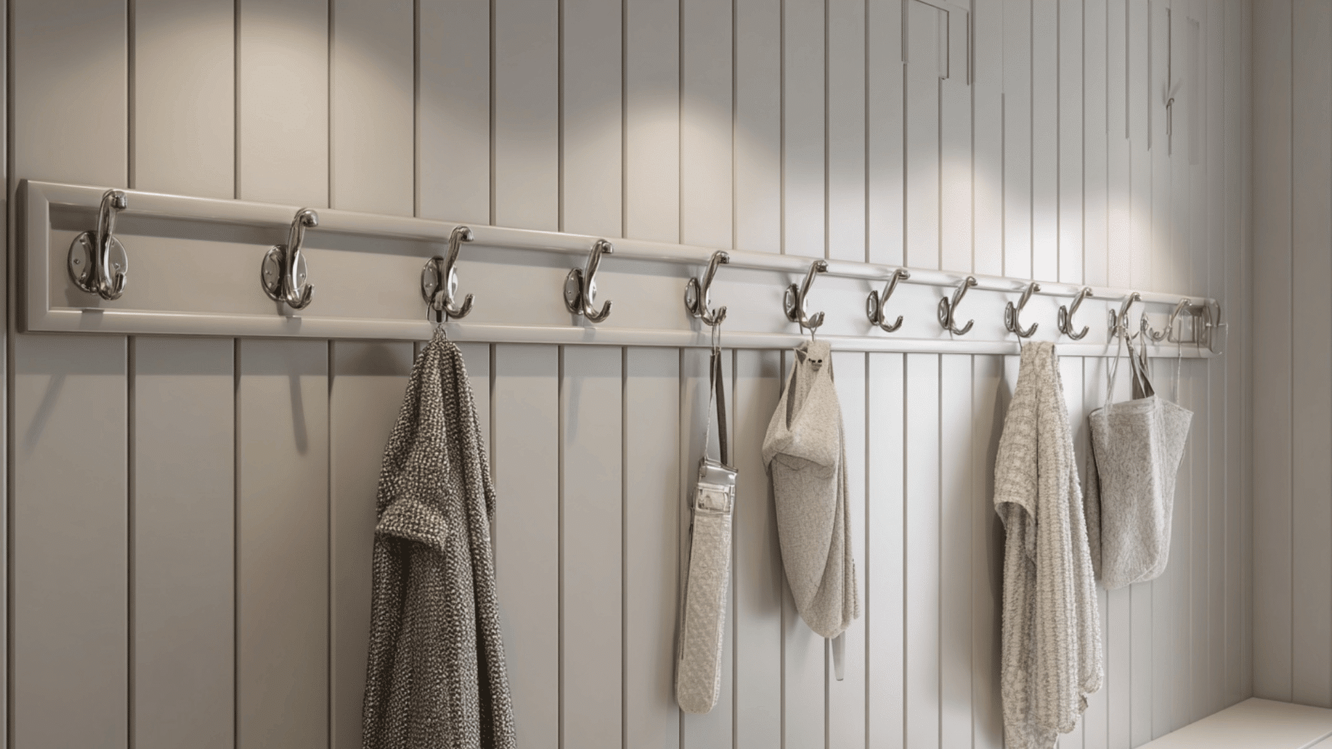 luxury mud room with designer wall hooks, balanced layout, and organized everyday storage setup