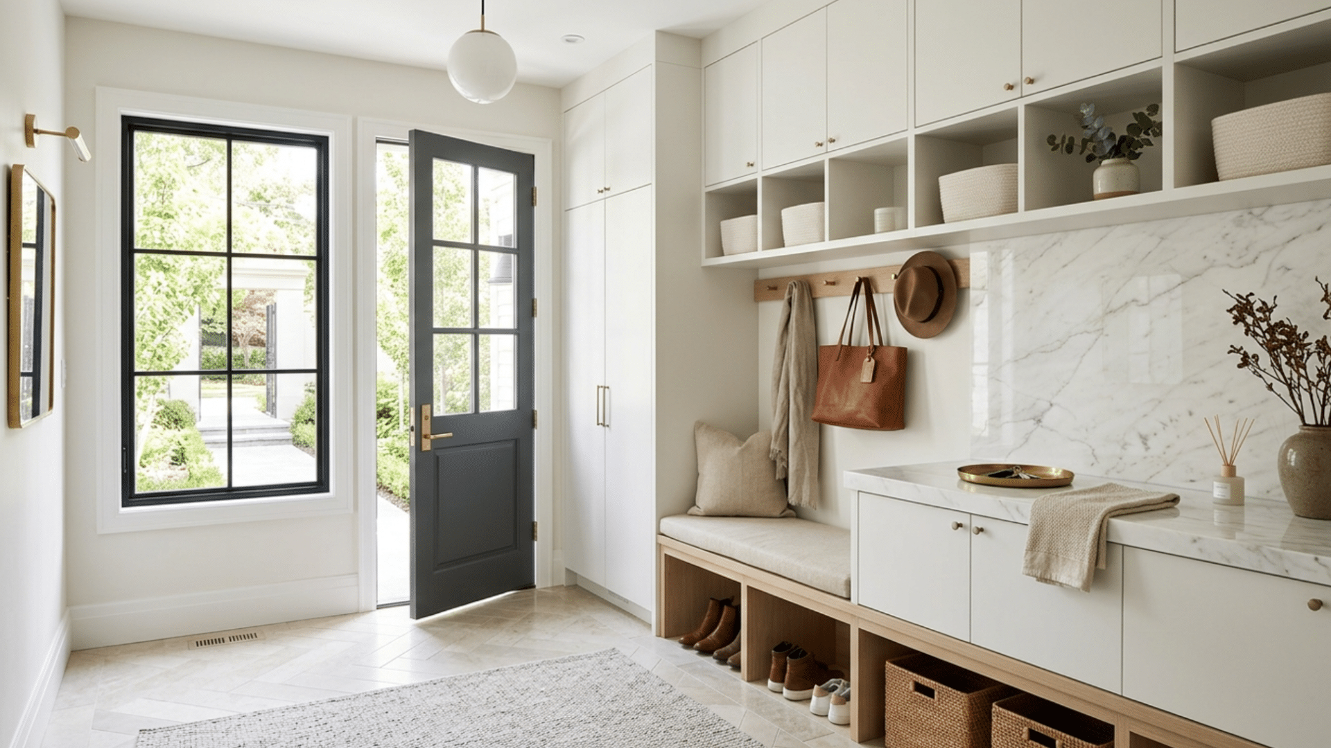 luxury mud room with marble countertop and sleek modern cabinets