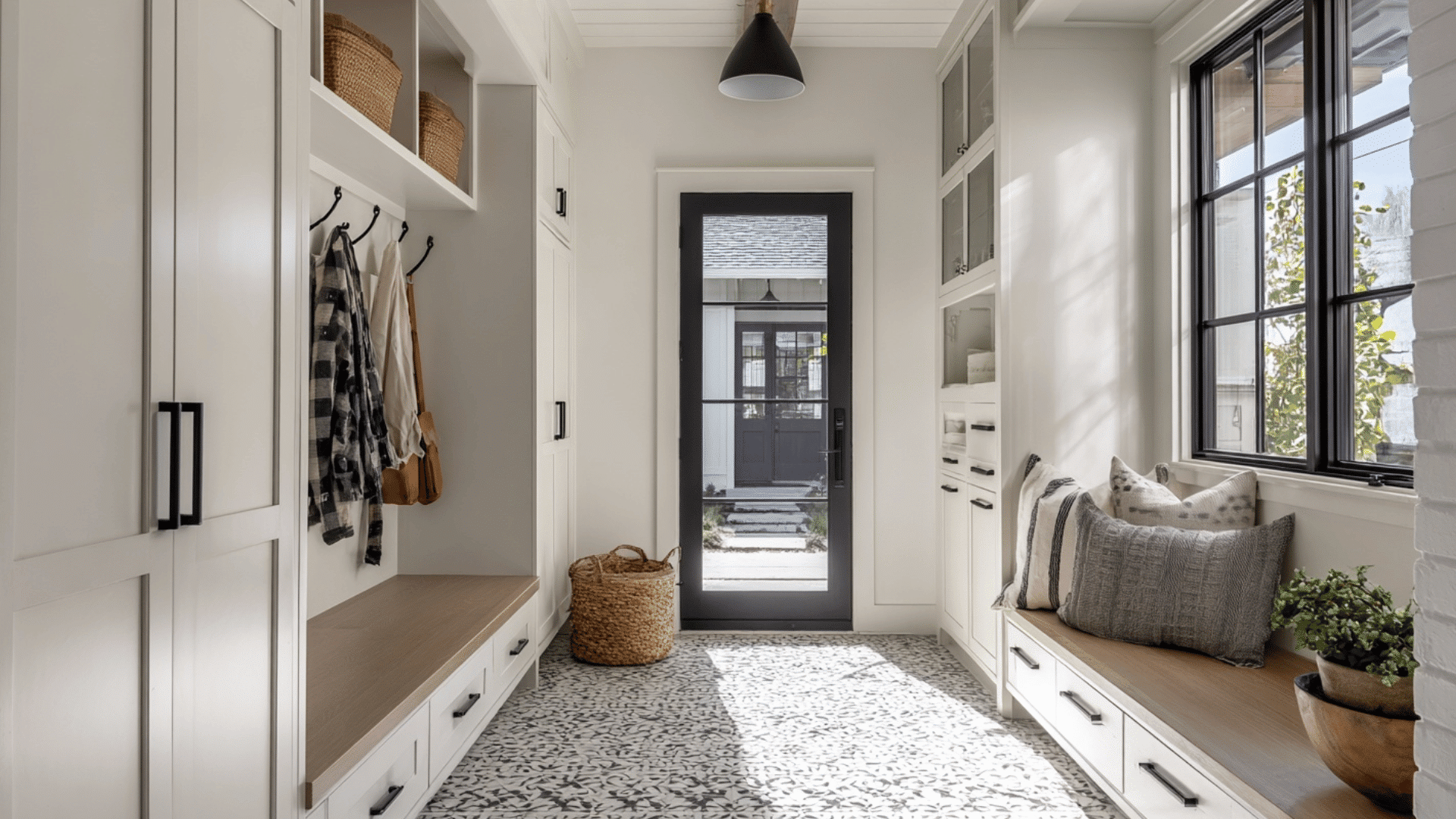 luxury mud room with matte black hardware and light cabinets