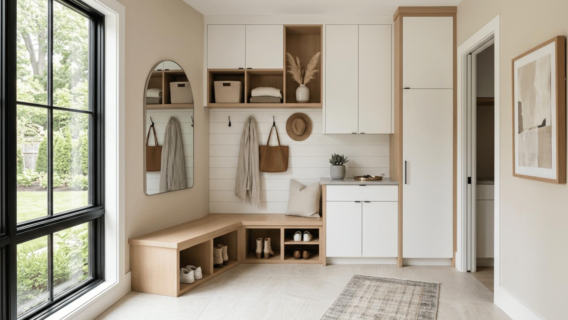luxury mud room with neutral color palette and clean lines