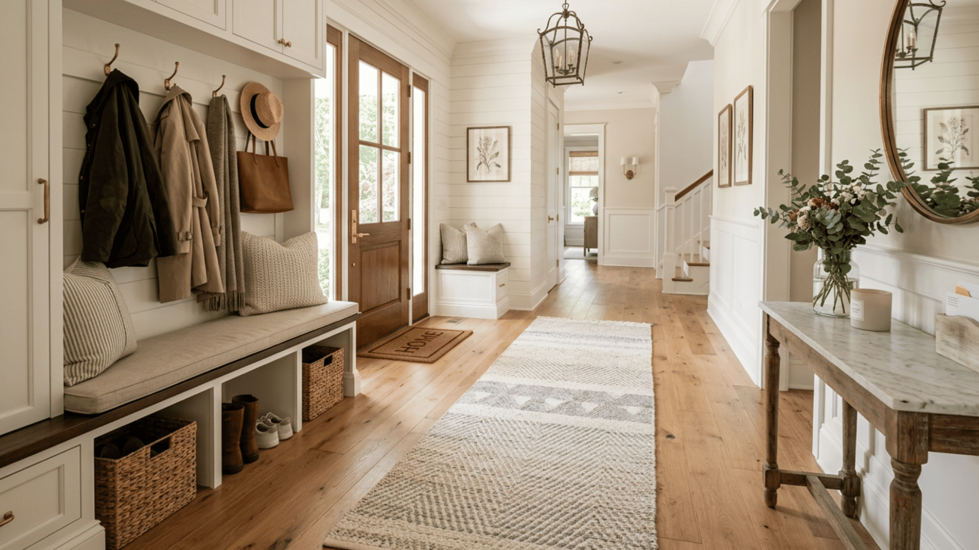 luxury mud room with runner rug, soft texture, and warm welcoming entry space design