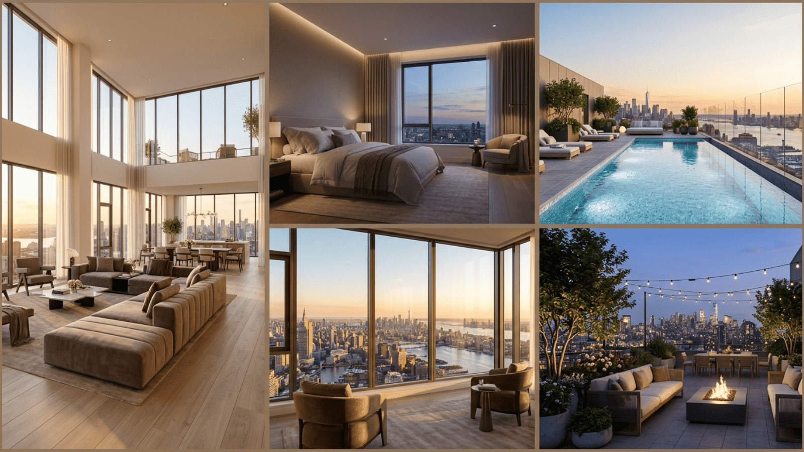 luxury penthouse apartment interiors and amenities including spacious living room, modern bedroom, rooftop pool, terrace, and panoramic city skyline views