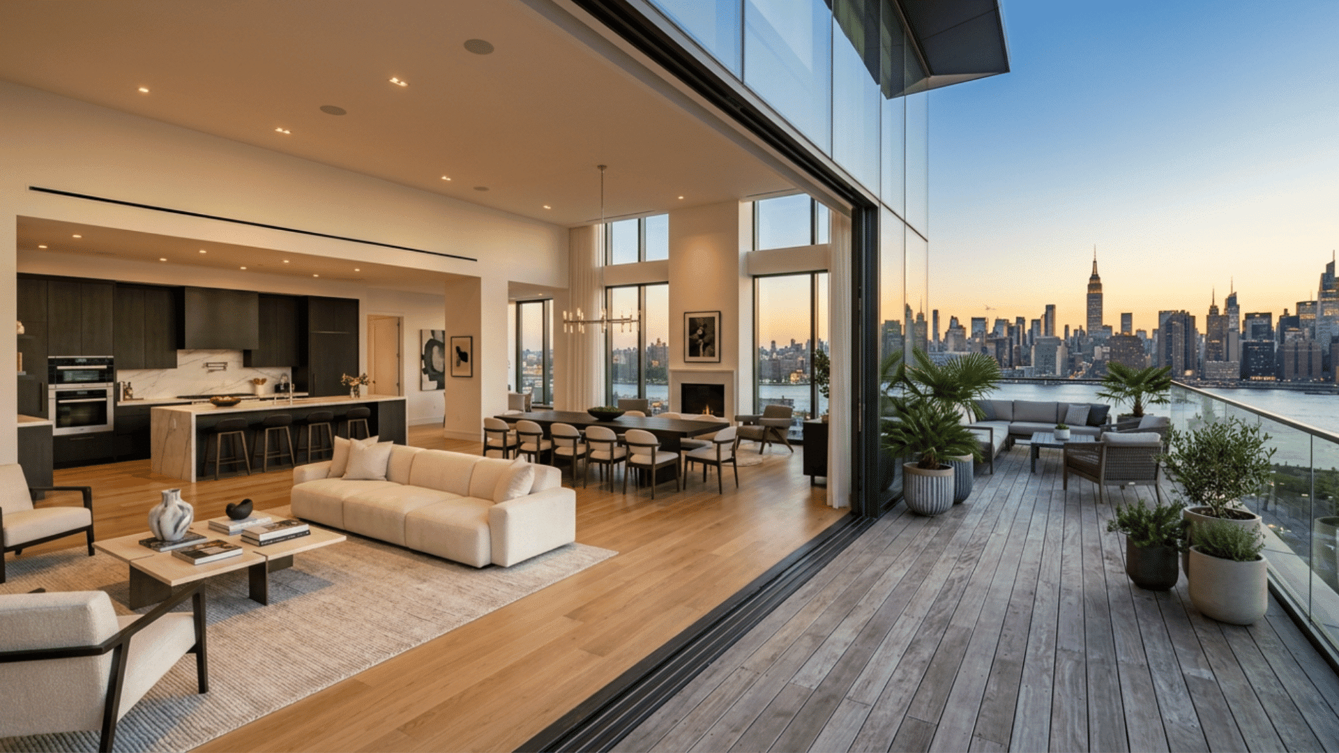 luxury sky villa penthouse with large rooms, private terrace, and wide city skyline views