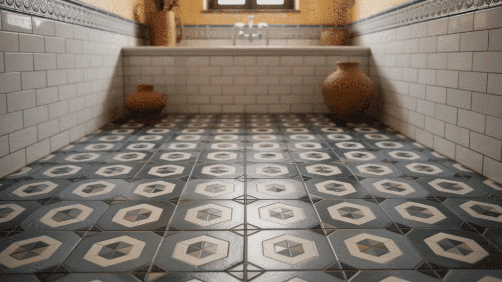 mage showcases a beautifully designed bathroom with a unique floor tile pattern. The floor is covered with geometric blue and cream-colored tiles, creating a striking visual effect