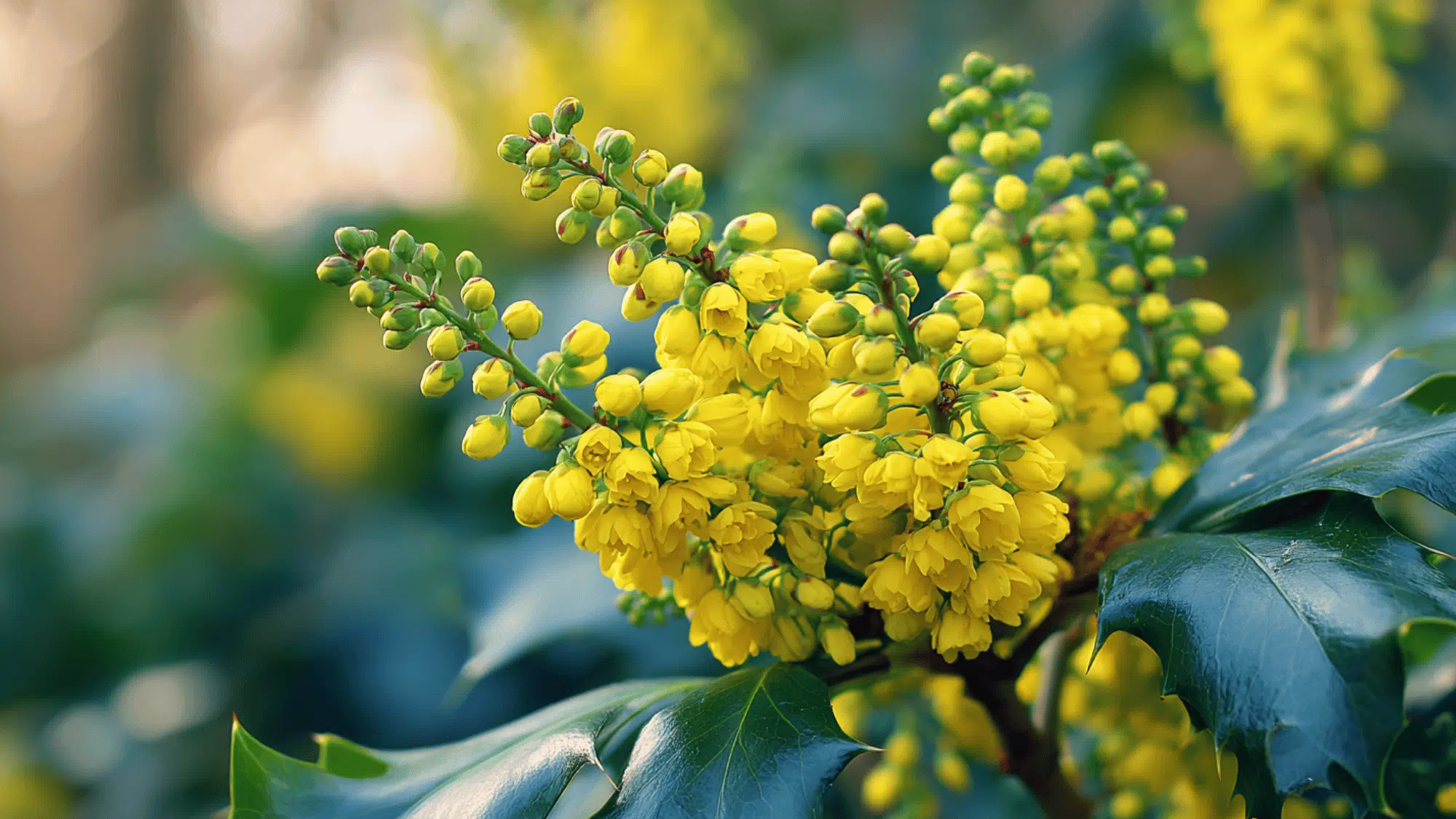 mahonia yellow flowers blooming in winter garden