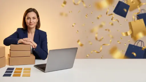 Woman in blue blazer with cardboard boxes and laptop in bright office setting