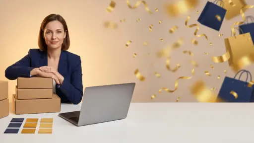 Woman in blue blazer with cardboard boxes and laptop in bright office setting