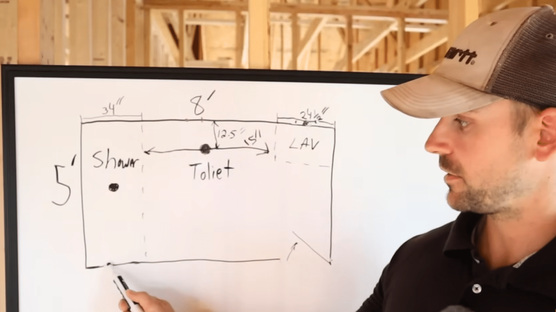 man explaining bathroom layout sketch on whiteboard with measurements for shower toilet and sink placement in framed space
