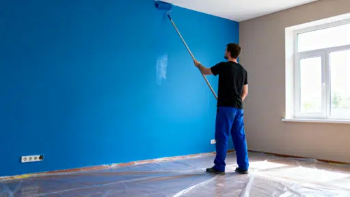 man painting interior wall with roller on extension pole applying bright blue paint in room with covered floor and window