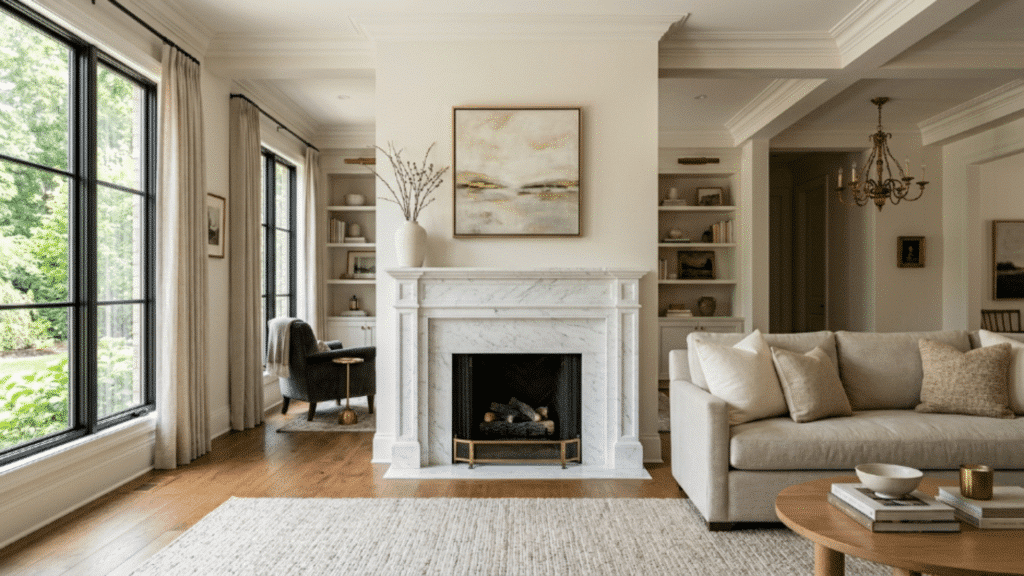 marble fireplace becomes the focal point while simple mantel decor keeps the room calm bright and visually balanced