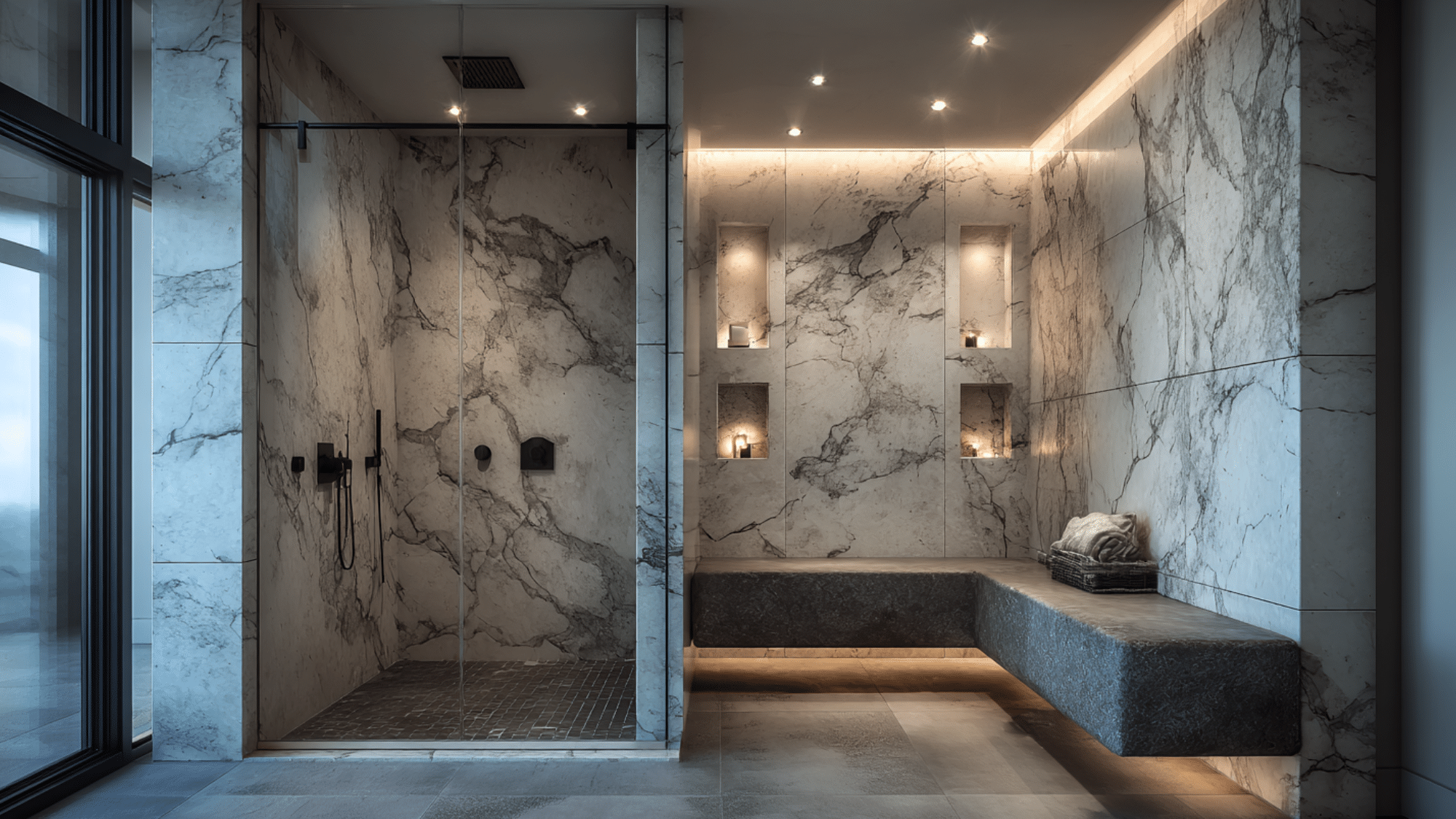 marble slab shower with matte black fixtures and built-in bench in a sleek modern luxury bathroom setting