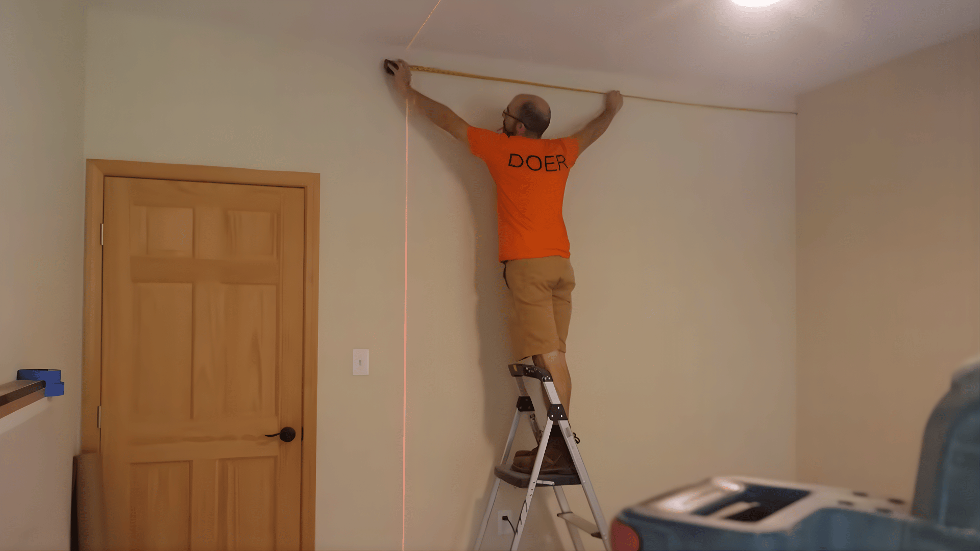 mark layout, measure floor, transfer lines to walls and ceiling