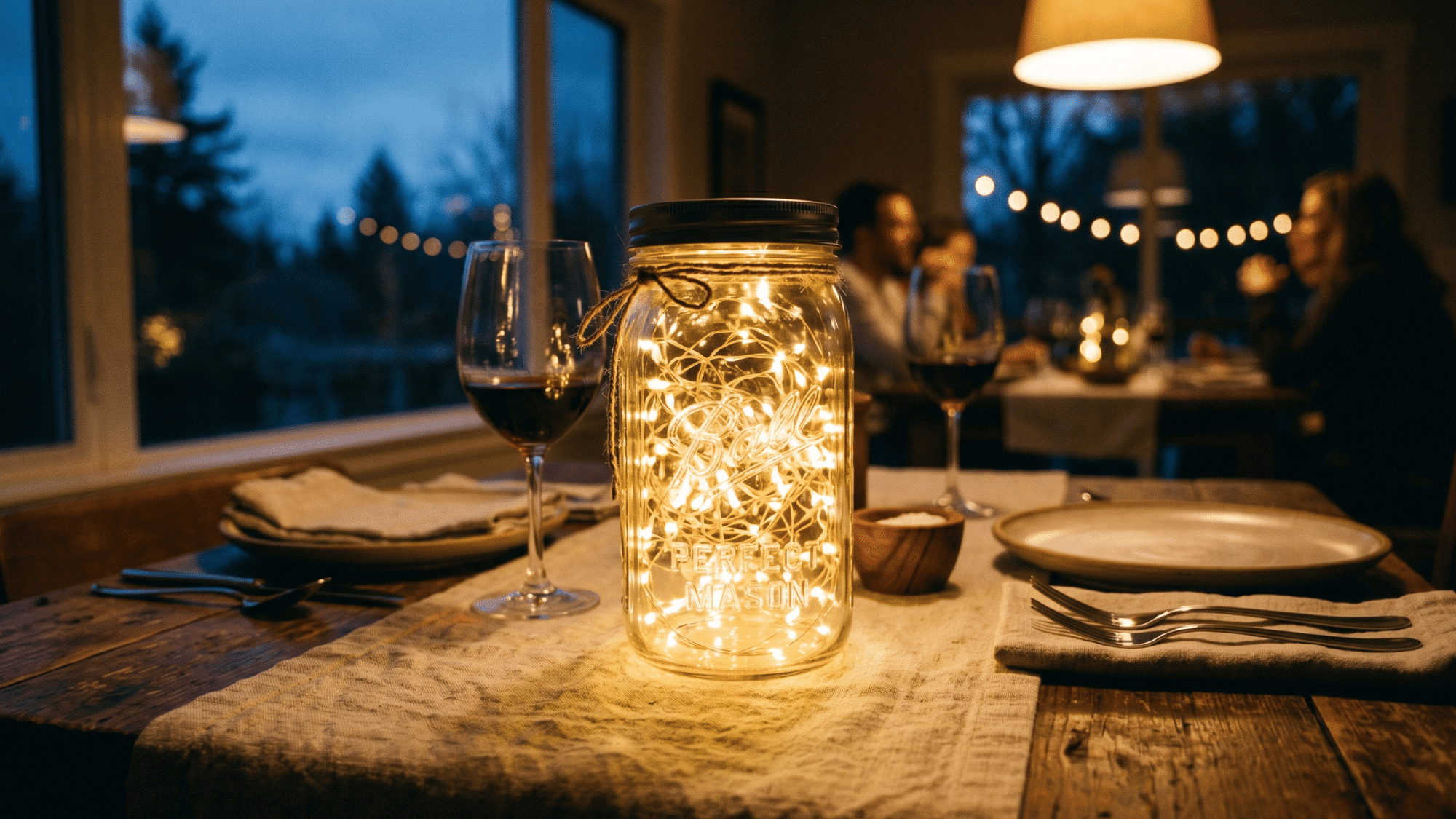 mason jar with fairy lights creating a cozy dining table centerpiece