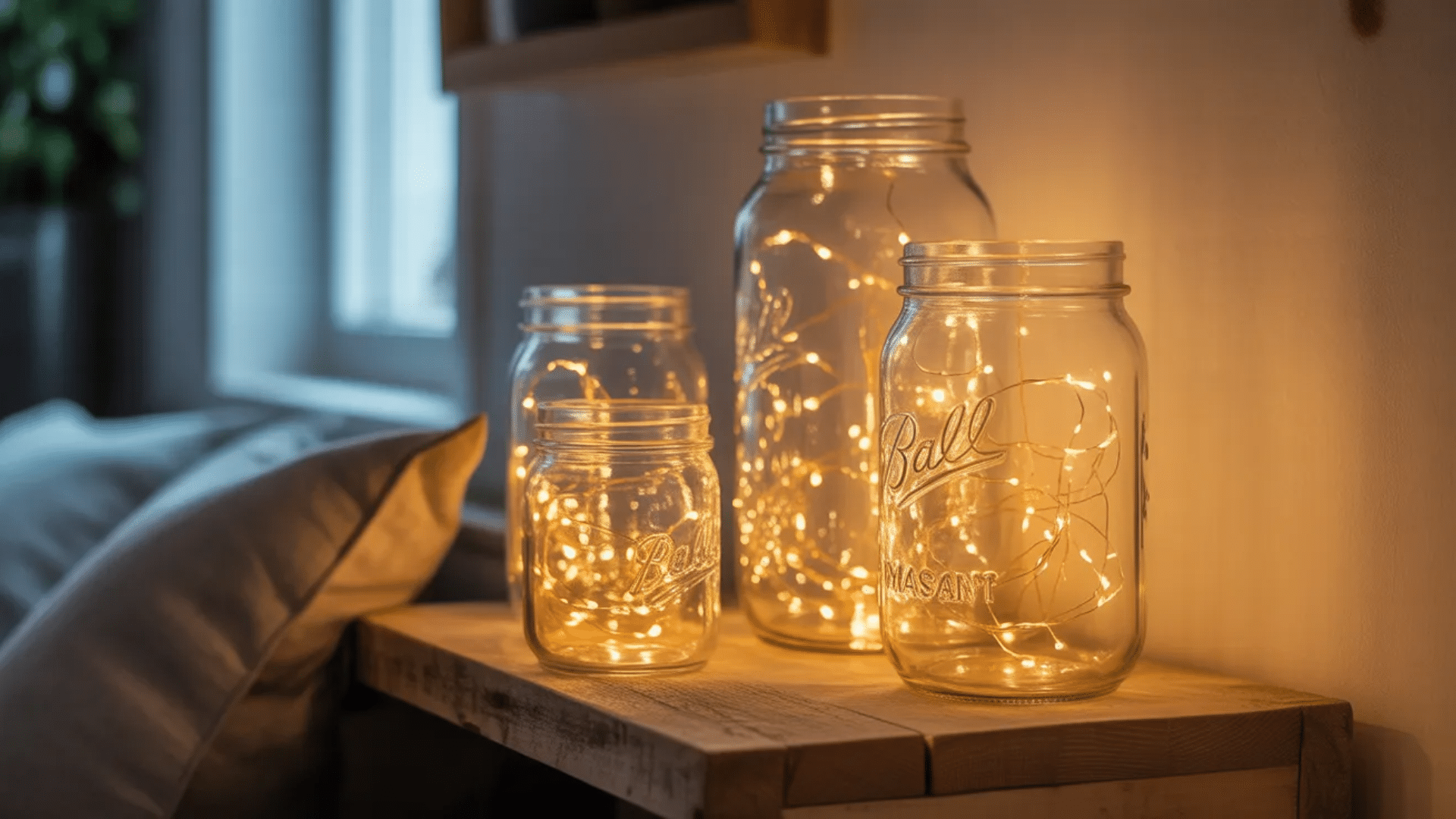 mason jars filled with fairy lights arranged on a wooden surface, creating a warm, cozy ambiance with soft glowing light in a stylish, minimal setting.