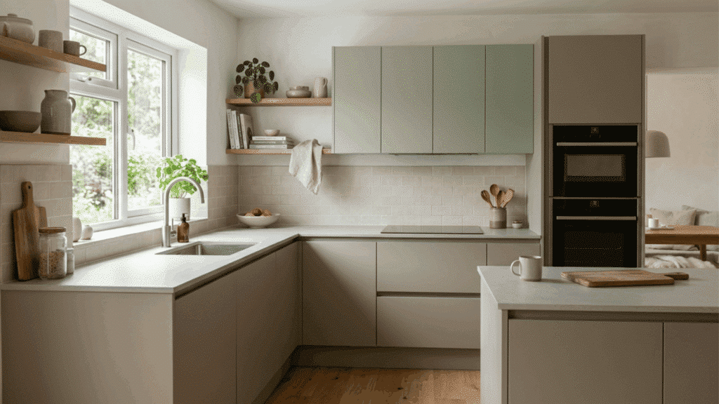 matte finish modular kitchen cabinets in soft tones that hide fingerprints and give a calm modern look