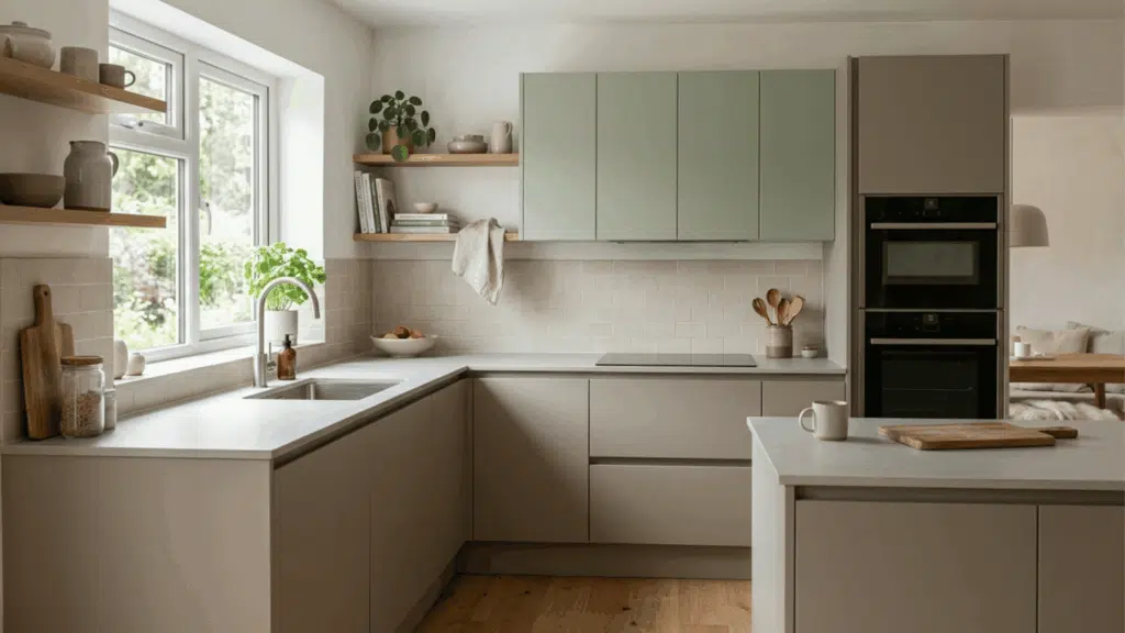 matte finish modular kitchen cabinets in soft tones that hide fingerprints and give a calm modern look