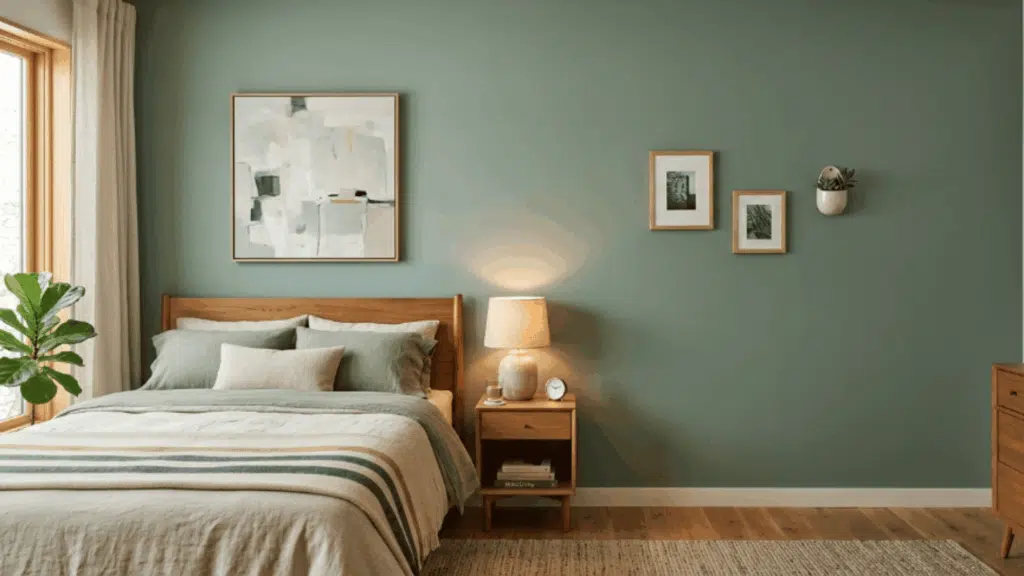 matte paint finish on bedroom wall with very low sheen and smooth texture under soft natural lighting