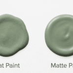 matte vs flat paint blobs on ceiling showing no sheen vs soft sheen with clear labels clean minimal space