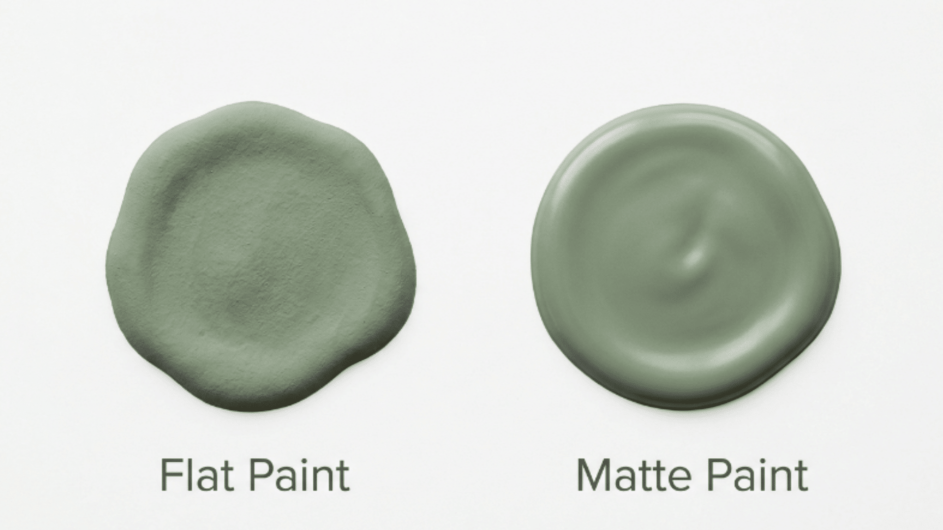 matte vs flat paint blobs on ceiling showing no sheen vs soft sheen with clear labels clean minimal space
