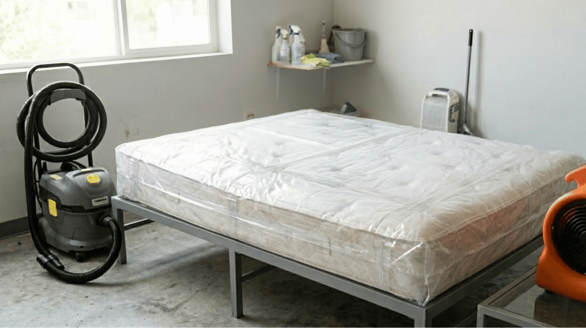 mattress wrapped in plastic cover prepared for disposal or transport.