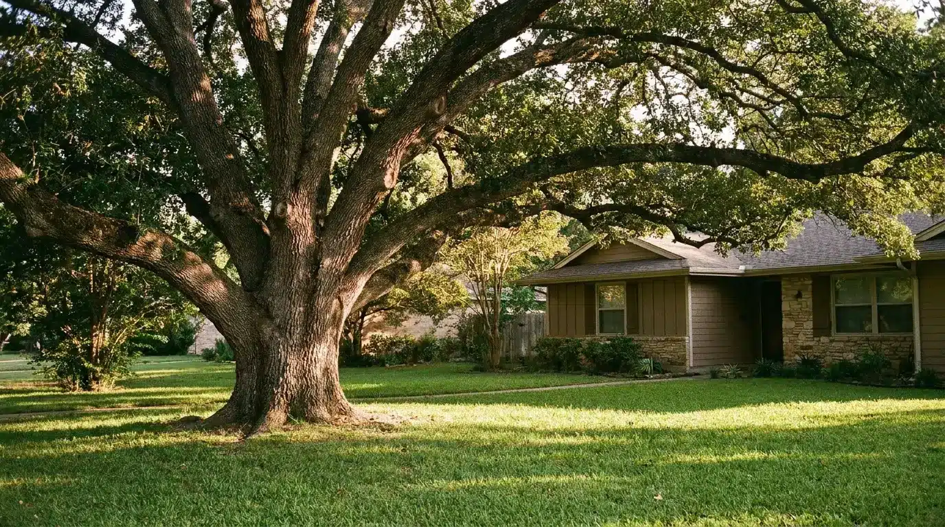 Large oak tree with spreading branches in front of a suburban house with stone facade