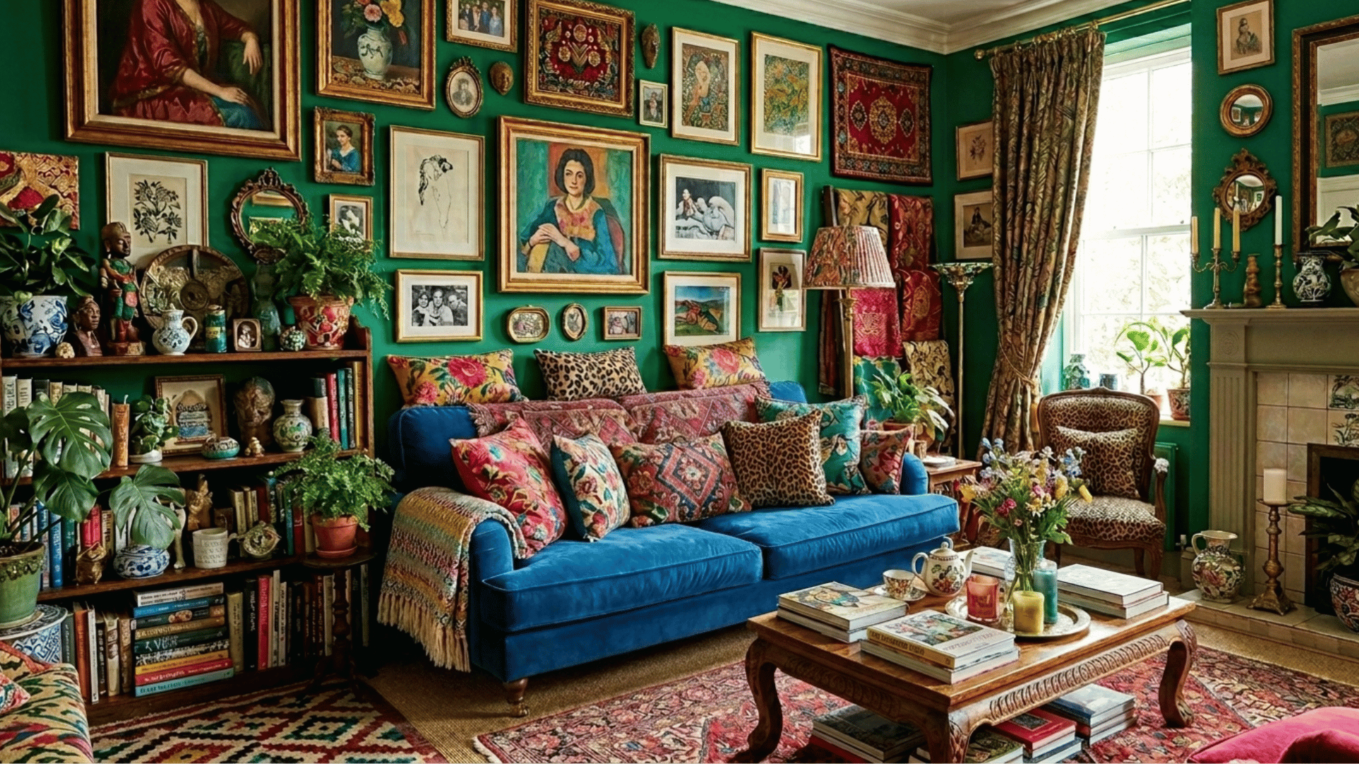 maximalist living room with bold colors, gallery wall, layered patterns, and eclectic decor.