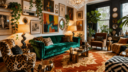 maximalist living room with velvet sofa, gallery wall art, bold patterns, plants, chandelier, layered decor and rich textures