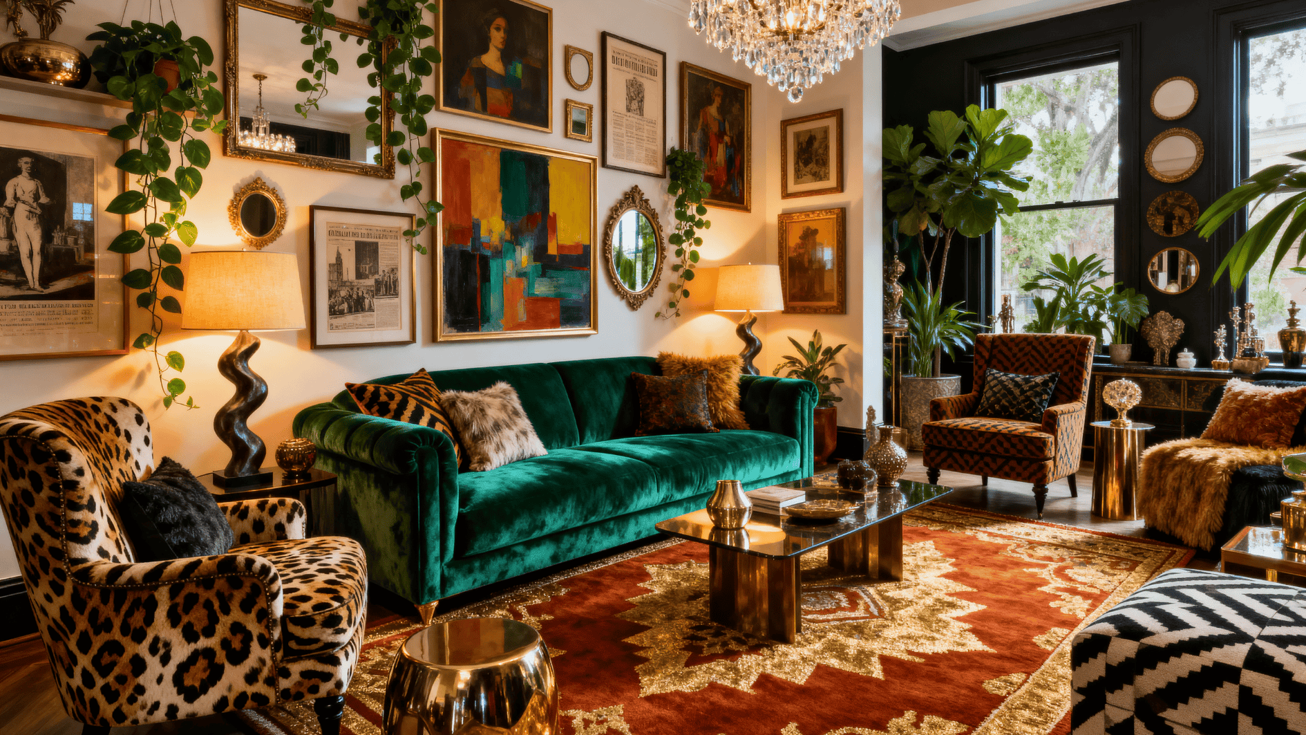 maximalist living room with velvet sofa, gallery wall art, bold patterns, plants, chandelier, layered decor and rich textures