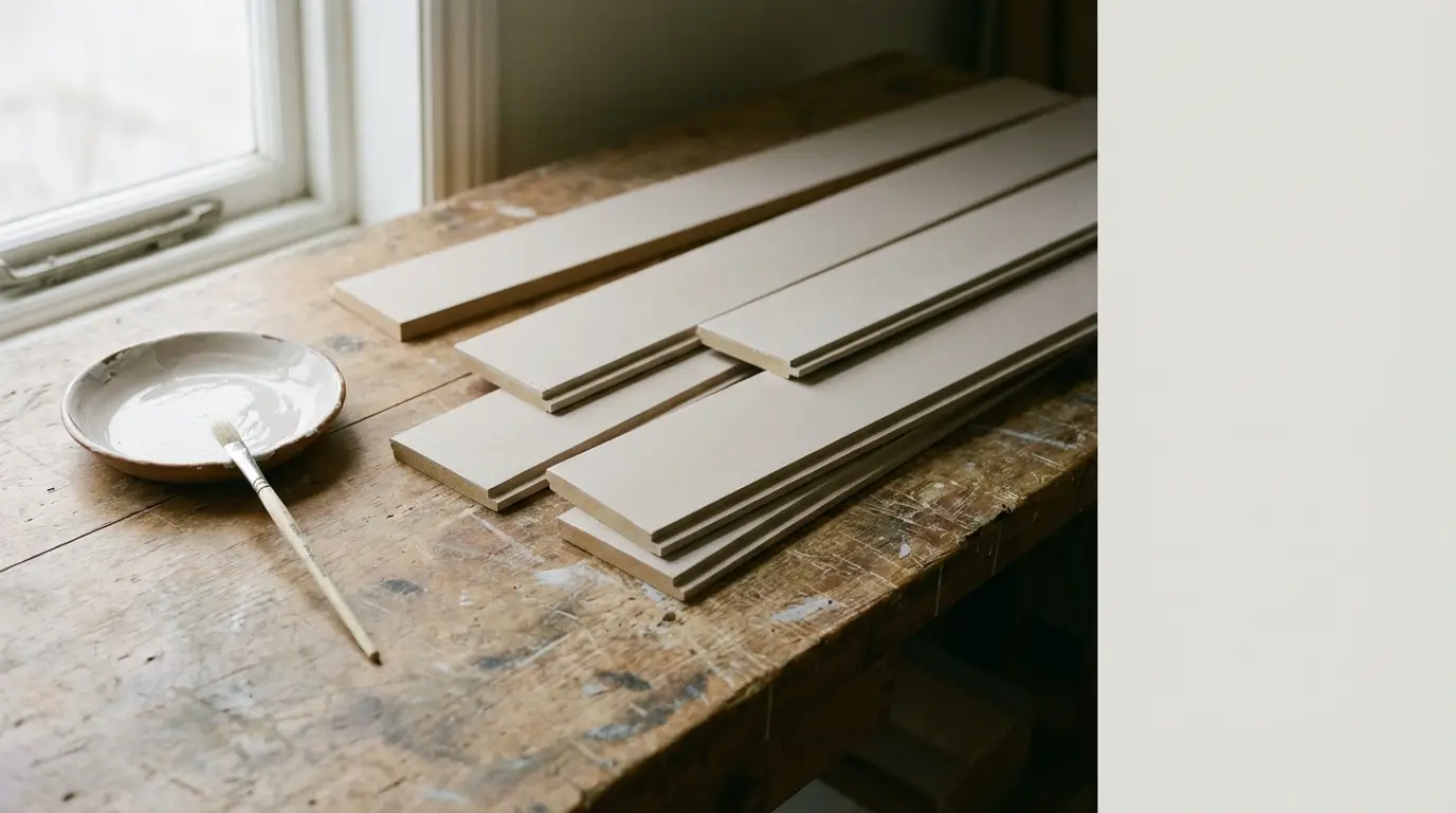 Wooden planks and paintbrush with bowl of paint on rustic workbench near window