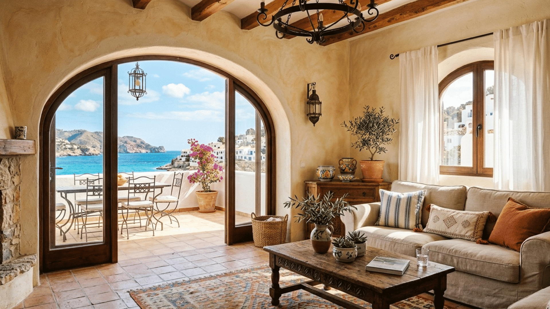 mediterranean living room with arched doors, ocean view, warm tones, and rustic decor.
