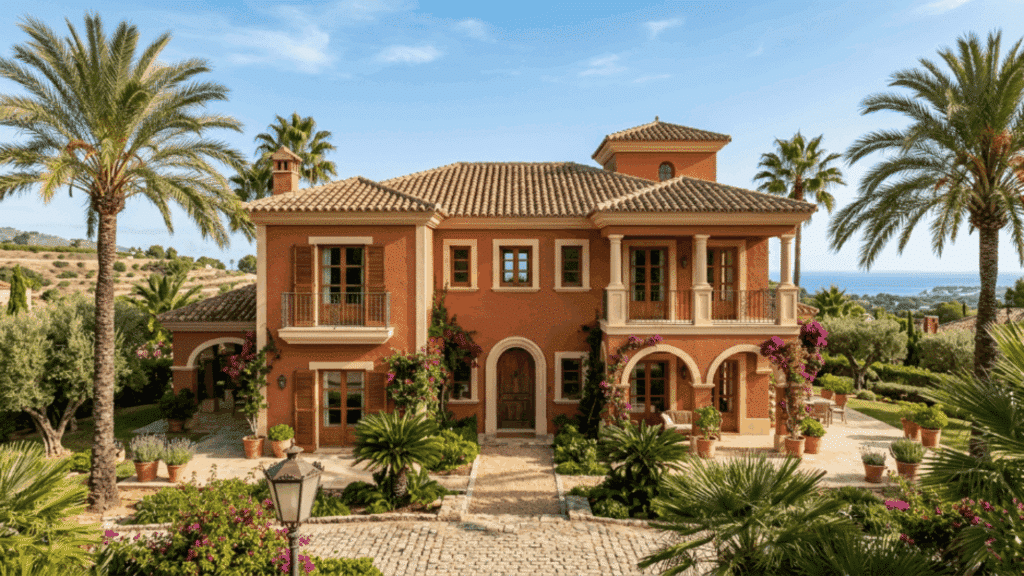 mediterranean villa with terracotta walls beige trim arched windows clay roof palm trees bright sunshine courtyard