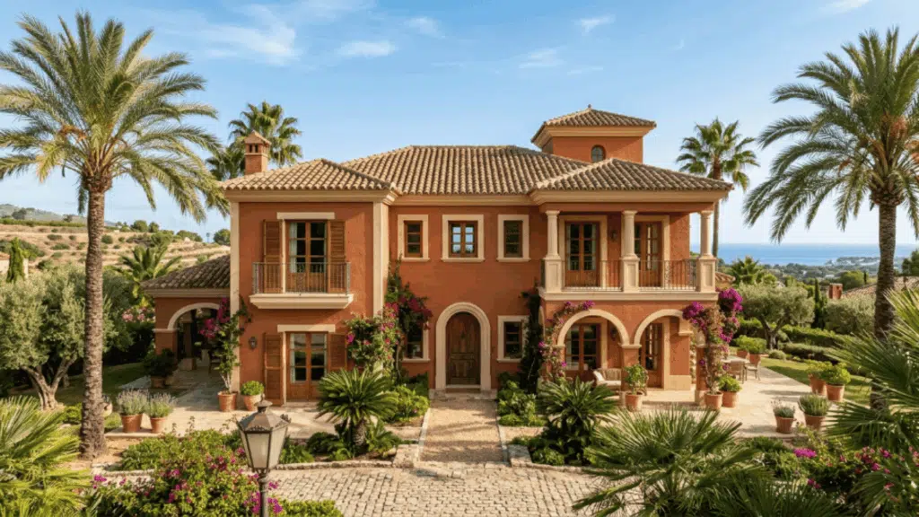 mediterranean villa with terracotta walls beige trim arched windows clay roof palm trees bright sunshine courtyard