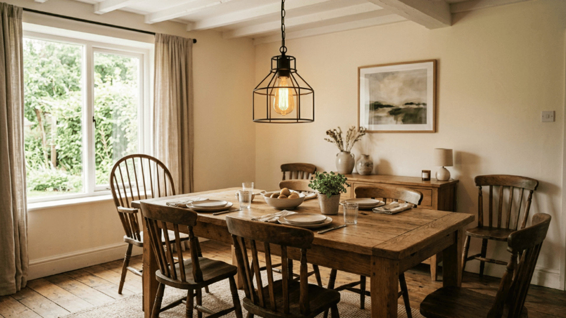 metal cage pendant with exposed bulb above dining table in a casual dining space