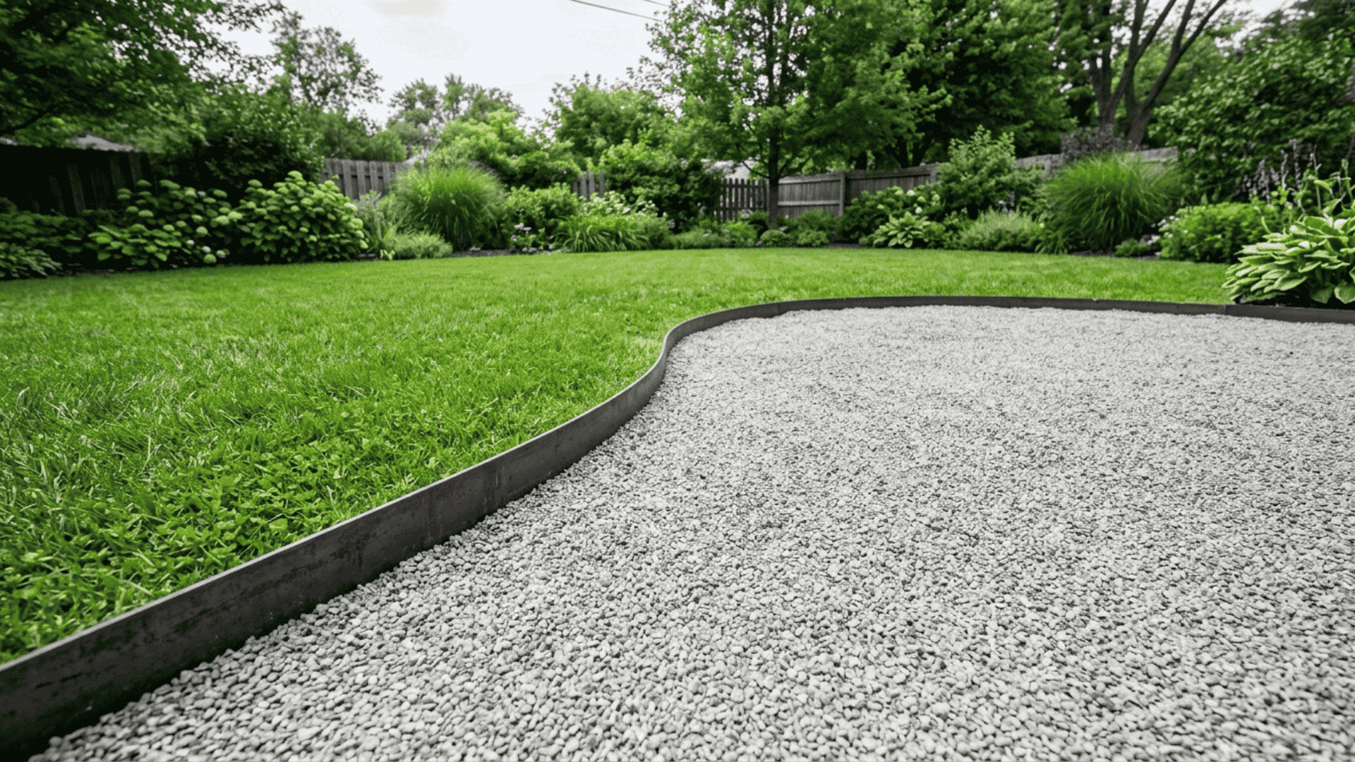 metal edged gravel patio design with sharp steel edging along perimeter and fine crushed gravel compacted across the surface