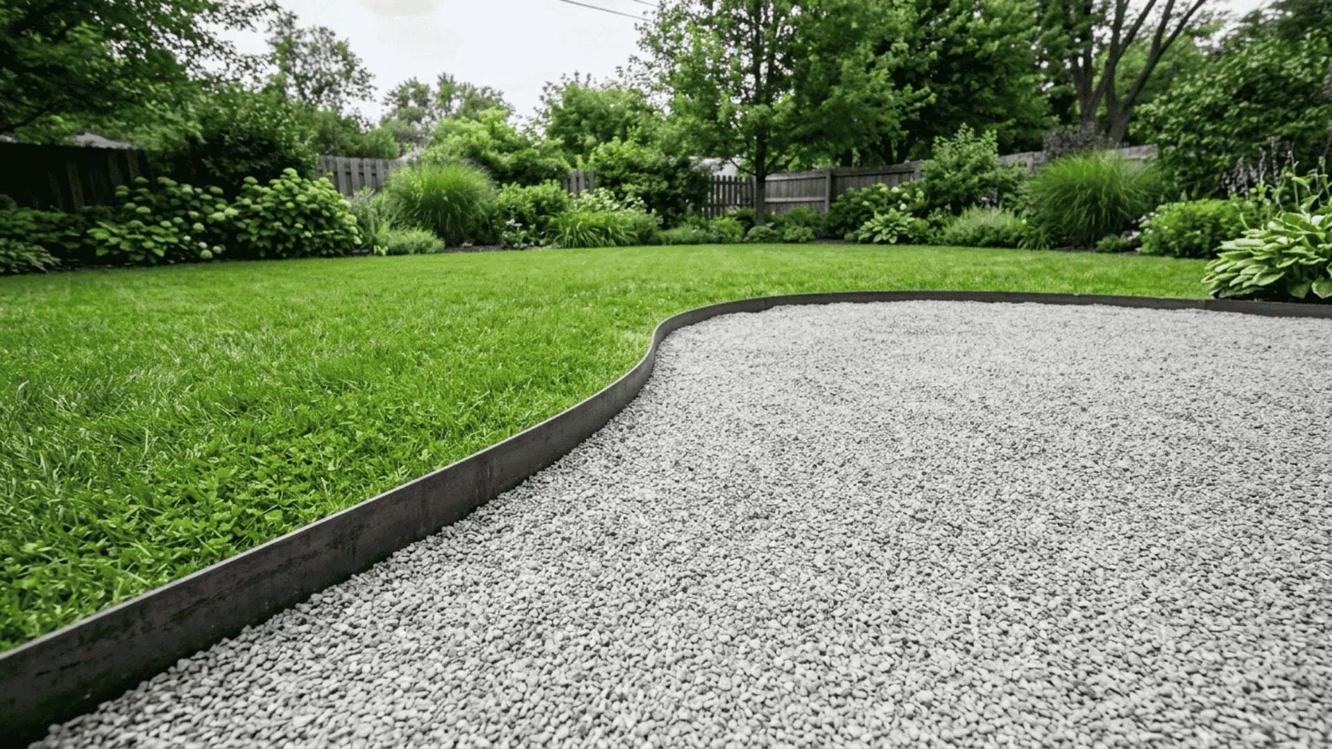 metal edged gravel patio design with sharp steel edging along perimeter and fine crushed gravel compacted across the surface