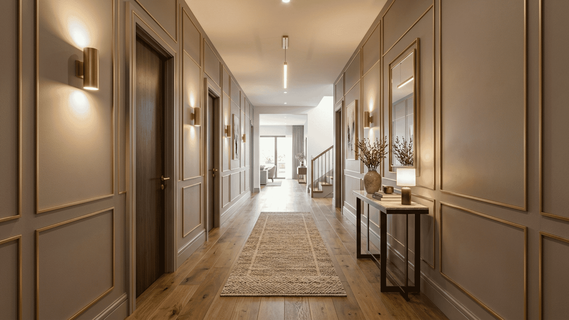 metallic trimmed wall panels in residential hallway with soft lighting and clean layout in art deco interior design