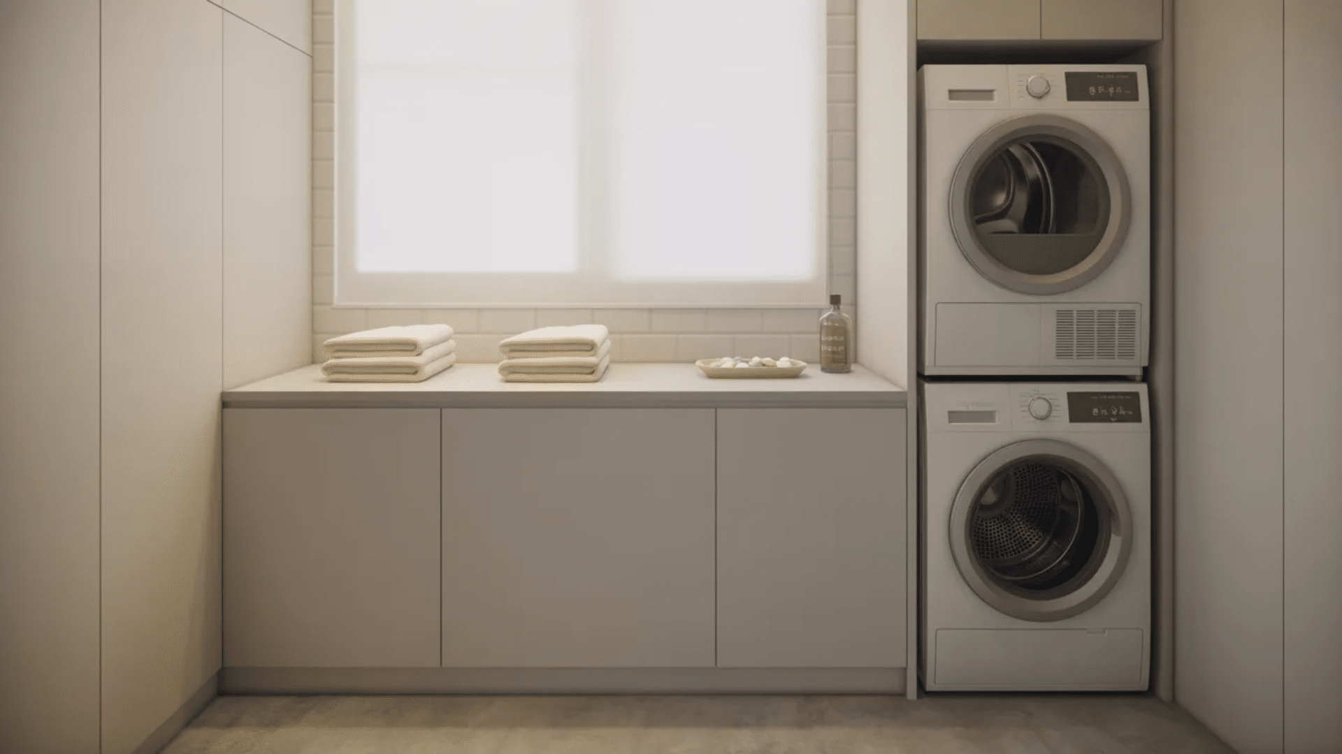 micro minimal laundry space with stacked washer dryer, clean cabinets, folded towels, and a simple uncluttered design