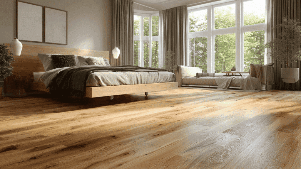 mid century modern bedroom with light wood flooring and minimal design