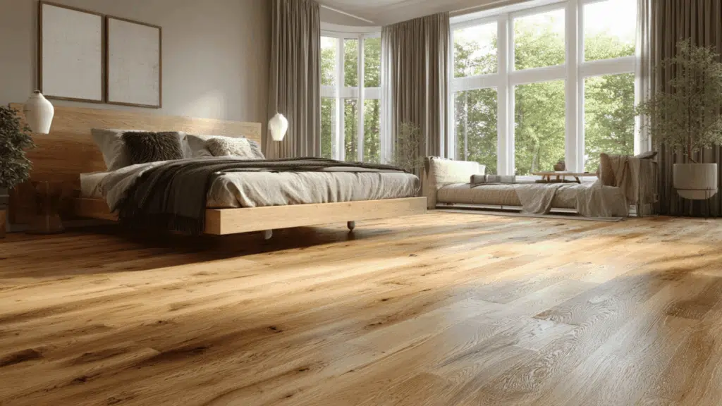 mid century modern bedroom with light wood flooring and minimal design