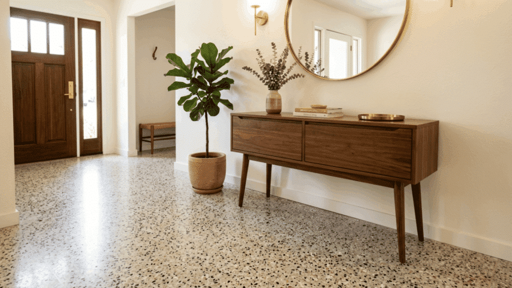 mid century modern entryway with terrazzo flooring and simple decor